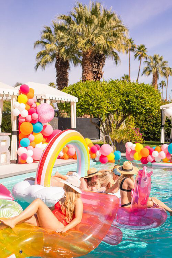 colorful pool party decor ideas with balloon - Crush Pools - Back-to-School Pool Party Themes